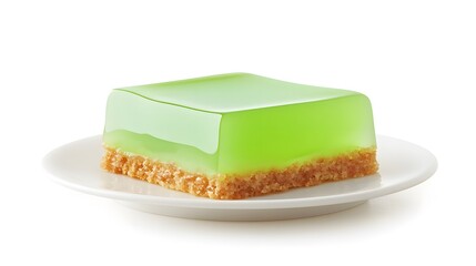 Vibrant green gelatin dessert with crumbly biscuit base on white plate