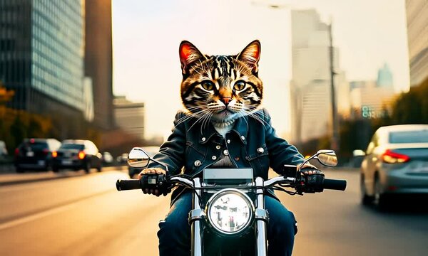 Cute anthropomorphic cat wearing a leather jacket riding a motorcycle on a busy city street at sunset