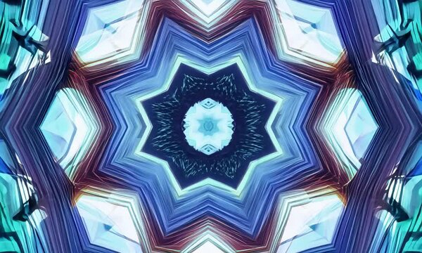 Vibrant blue and pink abstract symmetrical pattern with geometric kaleidoscope effect