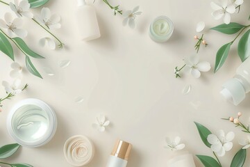 Spa cosmetic products flat lay background view from above