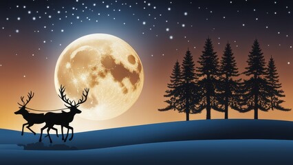 Two deer graze peacefully under a full moonlit sky surrounded by snow-covered trees.