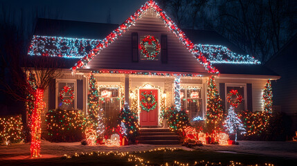 A house covered with christmas lights and festive decorations for the holiday season