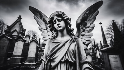 Obraz premium Image with background and place for caption and fragment of tragic sad angel statue at the cemetery. 