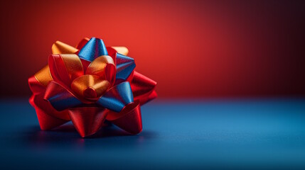 Multicolored gift bow on a gradient background, concept of gift wrapping and festive holiday celebration