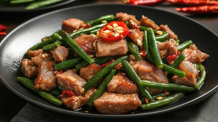 Fototapeta premium Flavorful Stir-Fried Pork with Green Beans and Chili