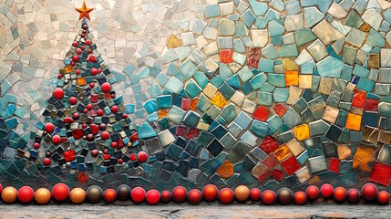 Christmas tree mosaic with colorful tiles and festive decorations, concept of holiday craftsmanship and creative decor