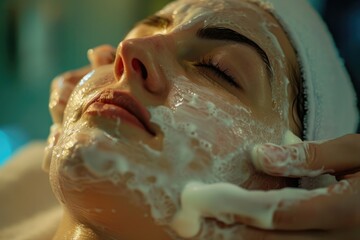 Beautician applying enzymatic peeling on womans face in spa