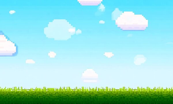 Pixel art video game background featuring a bright sky, clouds, and simple landscape elements in a retro 8 bit style