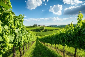 Naklejka premium Lush Vineyard Under Blue Sky with Green Grapes
