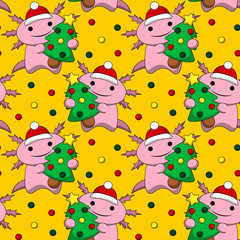 Fototapeta premium Seamless pattern with Cute Christmas Axolotl with Christmas Tree