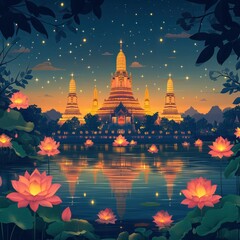 Nighttime Loy Krathong Festival in Thailand with Banana Leaf & Lotus Design on Tourist Attractions, Gold River Banner Background - EPS Vector