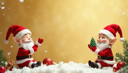 Christmas elves and other stuff on Solid gold color background, Christmas Frame for Greeting Posters, Cards, Banners and Invitations with Copy Free Space.