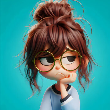 A 3d nerdy cute girl kid cartoon character, with glasses and messy hair. She is sad, upset, unhappy, worried, disappointed, despondent, isolated on a turquoise blue background