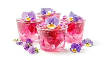 Refreshing floral cocktails with vibrant viola garnish on ice in clear glasses