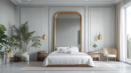 Fototapeta premium 3D rendering of a golden modern full-body mirror in an elegant bedroom interior