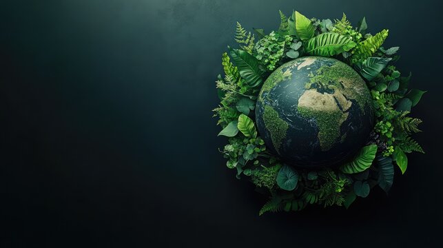  3D illustration of Earth globe with arrows made from leaves and plants