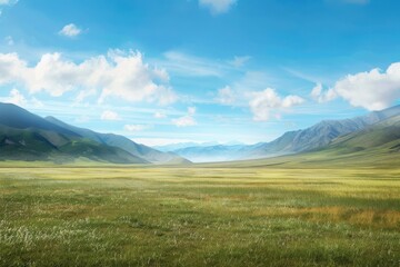 A mountain range with a large, open field in the foreground, generative ai image