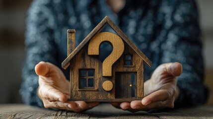 image of a real estate agent holding a question mark symbol and a house model on a table