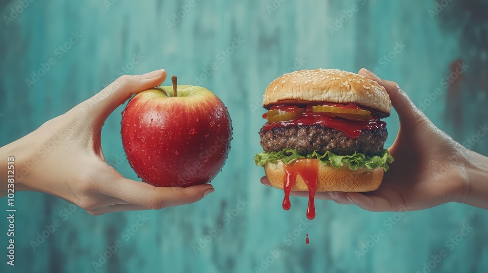 Wall mural hyper-realistic image of two hands holding an apple and a burger against a blue background