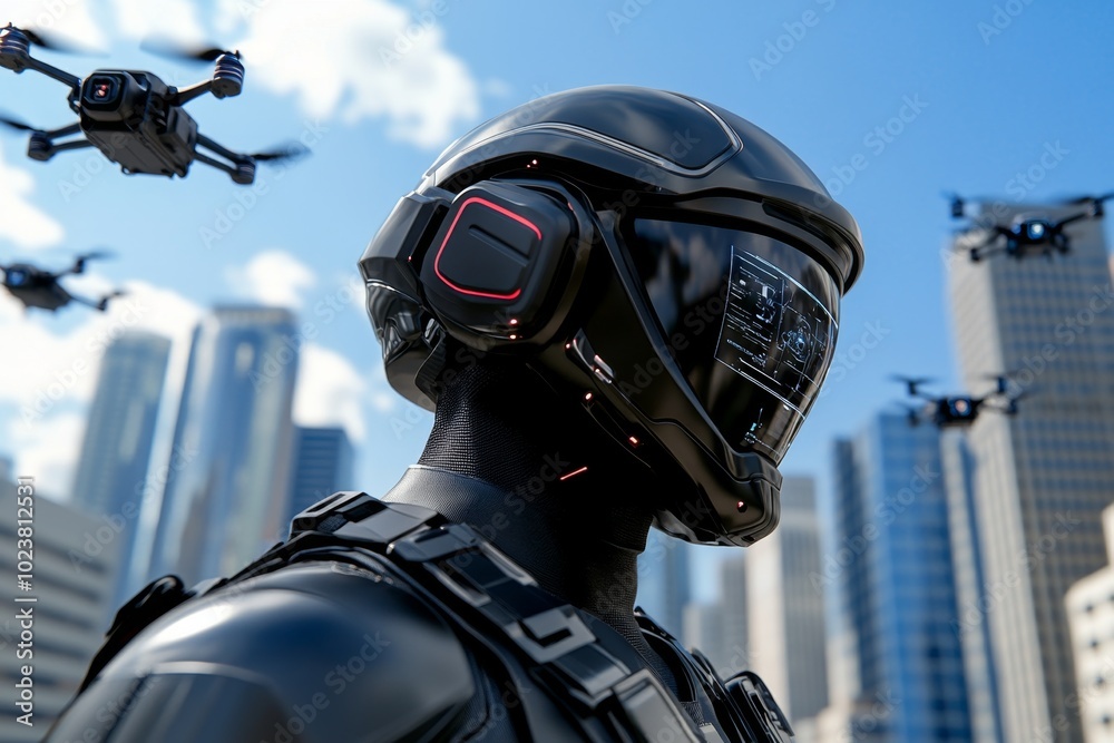 Poster soldiers in high-tech exoskeleton suits, patrolling a futuristic city with flying drones monitoring 