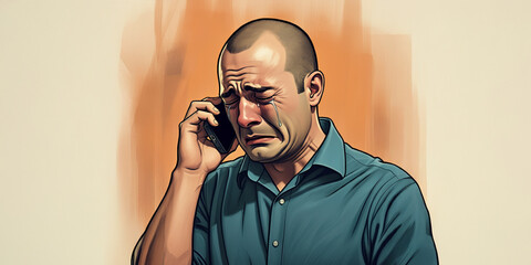 Man Crying on His Cell Phone, Emotion Face Reaction, Sad Tears, Sadness Backdrop