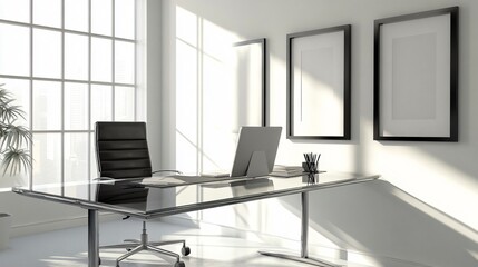 Contemporary home office with sleek furniture, natural lighting, and modern wall art, copy space