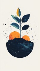 A painting of a plant with two oranges and a leaf