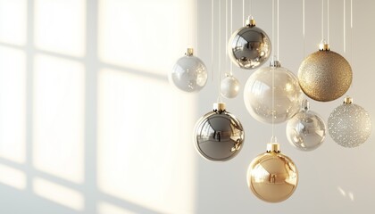 A minimalist display of shiny glass and metallic spheres hanging in warm sunlight, casting gentle shadows and reflections.