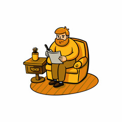Cartoon Illustration of Man Writing in Armchair - Cozy Home Office Setup