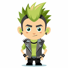 Cartoon Punk Character with Green Hair and Leather Jacket - Cool and Edgy Style Illustration