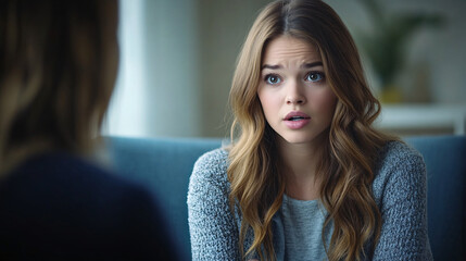 Fototapeta premium A young woman sits in a cozy room, looking concerned and slightly anxious as she engages in an intimate conversation, possibly recalling a traumatic event. The atmosphere is inviting and intimate,...