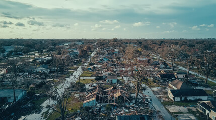 Fototapeta premium Aerial view of hurricane aftermath showing damaged homes and debris