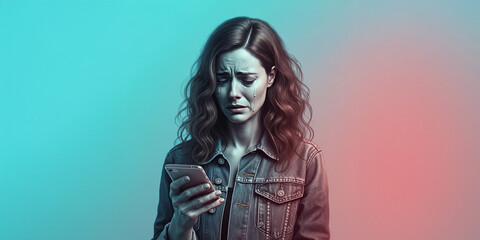 Brunette Woman Crying on His Cell Phone, Emotion Face Reaction, Sad Tears, Sadness Backdrop