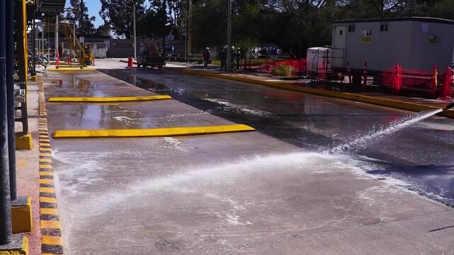 Bajada de agua en una explanada de una planta industrial 