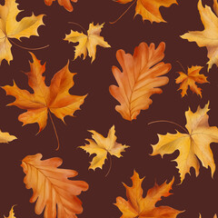 Seamless pattern with autumn leaves on dark background. Perfect for fabrics, cozy designs.	
