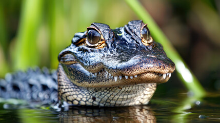 Fototapeta premium Close-up of alligator floating in water with its reflection mirrored
