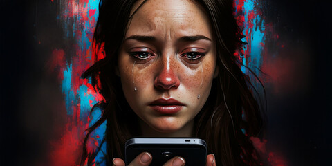Brunette Woman Crying on His Cell Phone, Emotion Face Reaction, Sad Tears, Sadness Backdrop