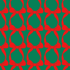 Seamless pattern with Christmas red bows on a green background. Cute print for textile, wallpaper, wrapping
