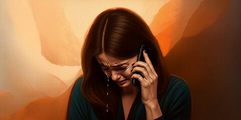 Brunette Woman Crying on His Cell Phone, Emotion Face Reaction, Sad Tears, Sadness Backdrop