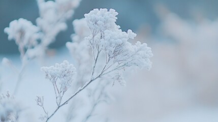 Obraz premium Delicate branches glisten with frost in a tranquil snowy landscape, capturing the serene beauty of winter in the early morning light