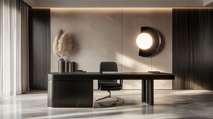 Contemporary home office with sleek furniture, natural lighting, and modern wall art, copy space