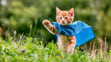 Adorable orange tabby kitten dressed as a superhero with blue cape against a colorful backdrop