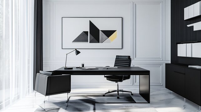 Contemporary home office with sleek furniture, natural lighting, and modern wall art, copy space