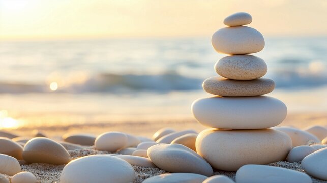 Stack of smooth white stones on a sandy beach at sunset with soft waves and a peaceful ocean view