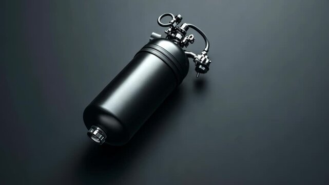 A black nitrous oxide tank sits on a dark surface