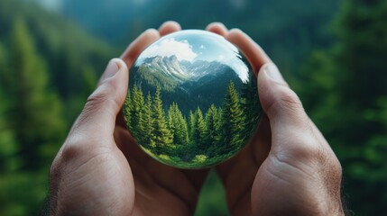A person gently holds a transparent globe that captures a vivid reflection of towering mountains and dense green forests under a clear blue sky