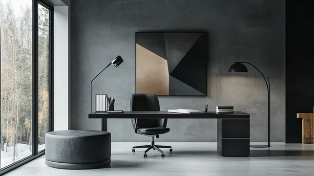 Contemporary home office with sleek furniture, natural lighting, and modern wall art, copy space