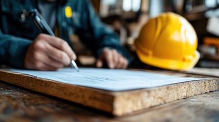 A construction worker focuses on drafting plans on a wooden surface while wearing a hard hat. Tools are scattered nearby, reflecting a busy work environment