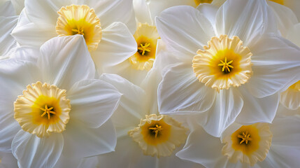 Obraz premium A close-up shot of white daffodils with pristine white petals and bright yellow centers, showcasing their large flower heads in full bloom.