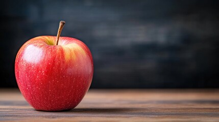 A vibrant red apple sits on a rustic wooden table, highlighting its shiny surface and natural hues against a deep, contrasting background perfect for culinary inspiration